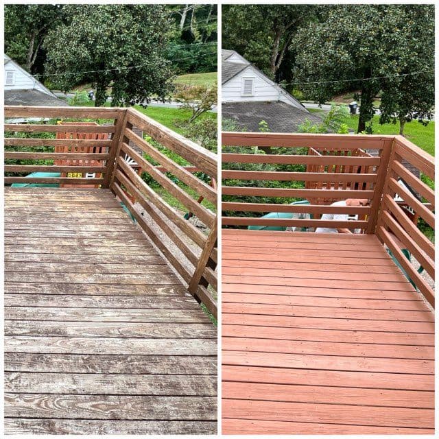 Before and after deck cleaning and staining result