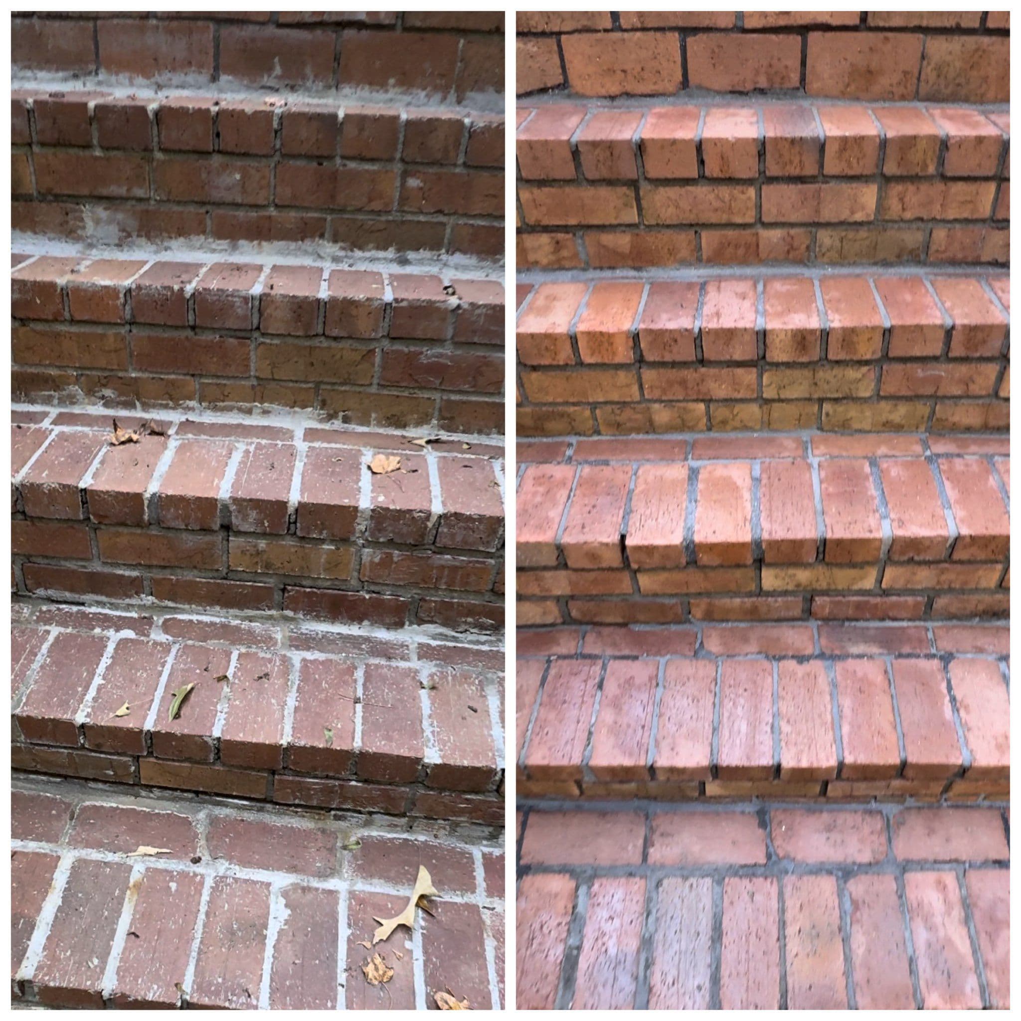 Historic brick facade cleaned with low-pressure soft washing