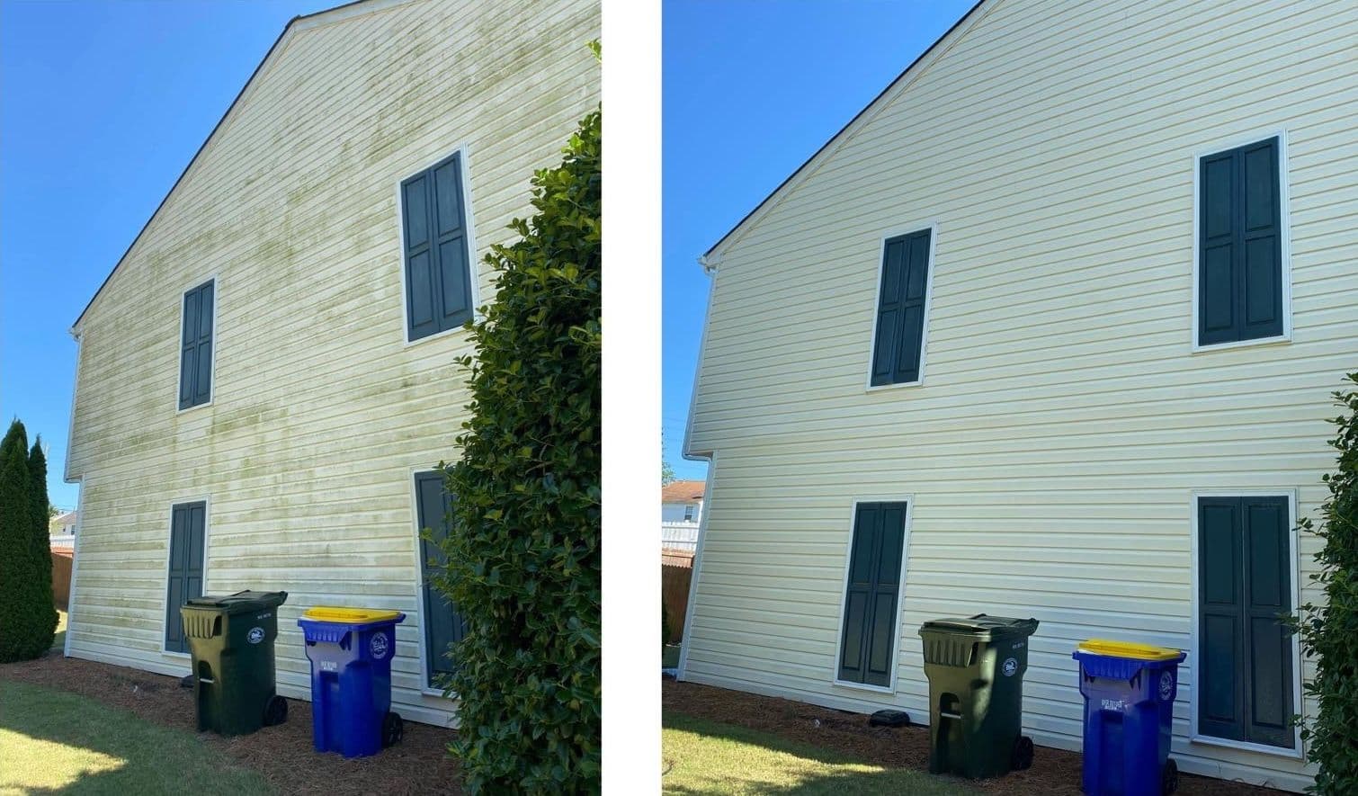 Before and after soft washing results on vinyl siding