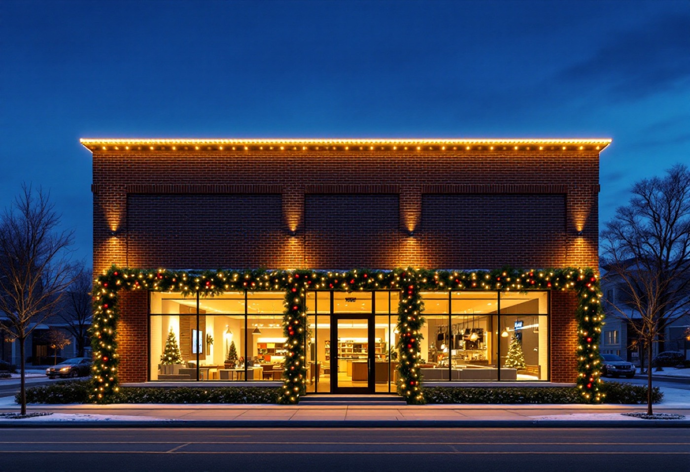 Real metro Atlanta commercial storefront with warm white Christmas lights outlining the roofline and garland framing the entrance
