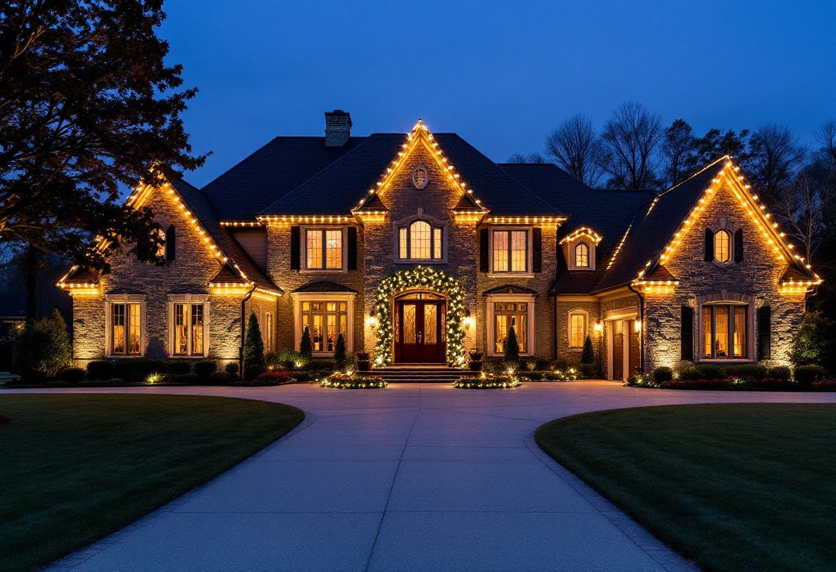 Upscale stone estate with warm white roofline Christmas lights and a lit garland entry at dusk