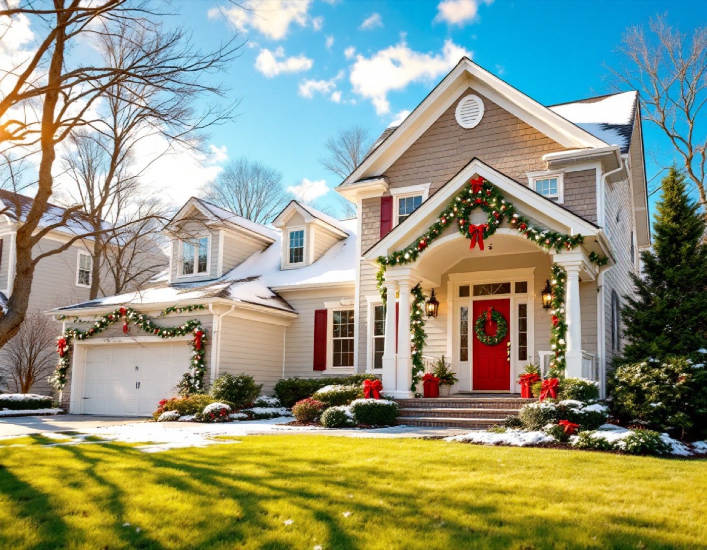 Home decorated for Christmas with green garland, red bows and wreaths under a bright sunny blue winter sky in metro Atlanta