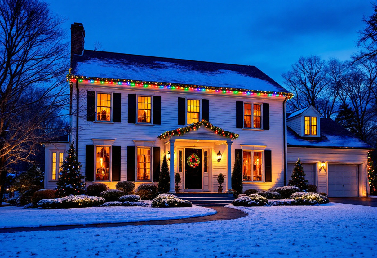 White colonial home with vibrant multicolor Christmas lights along the roofline and wreaths in every window