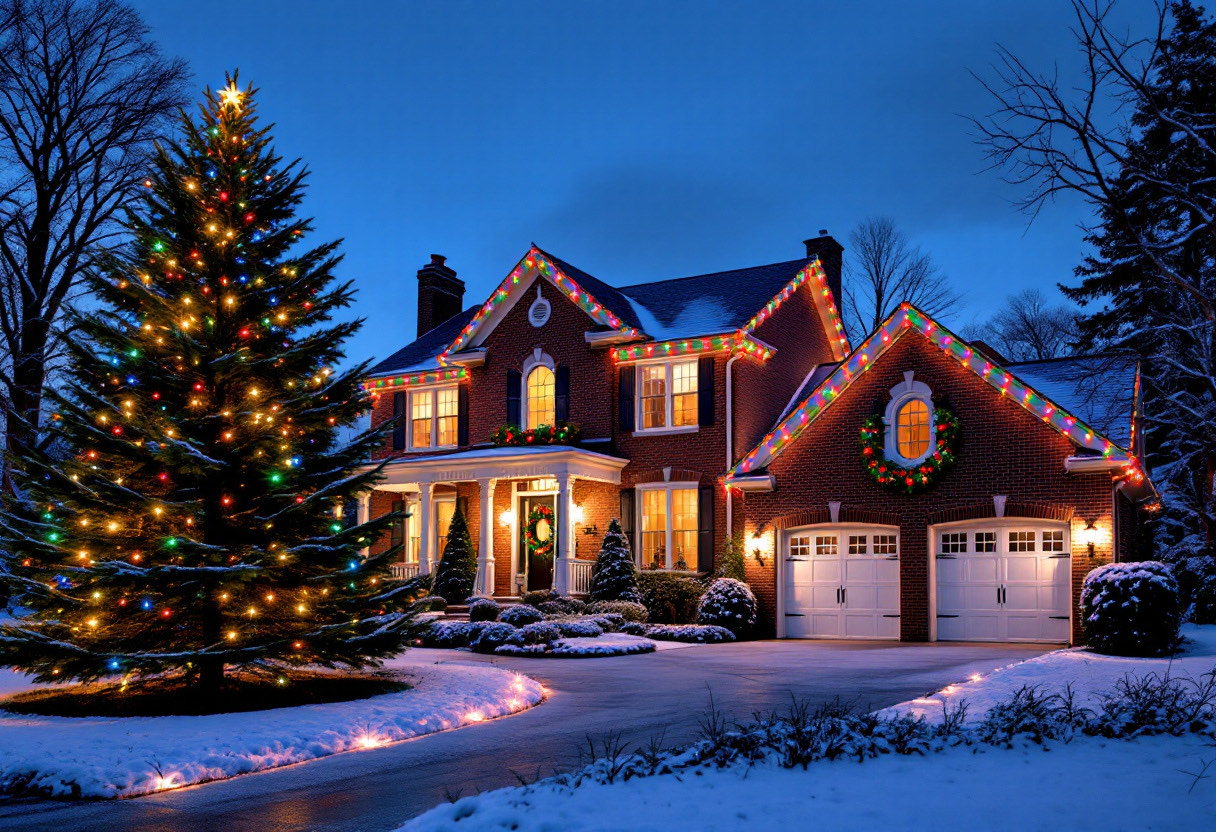 Upscale two-story metro Atlanta home with vibrant multicolor C9 Christmas lights outlining the rooflines, a lit tree and a wreath at the door