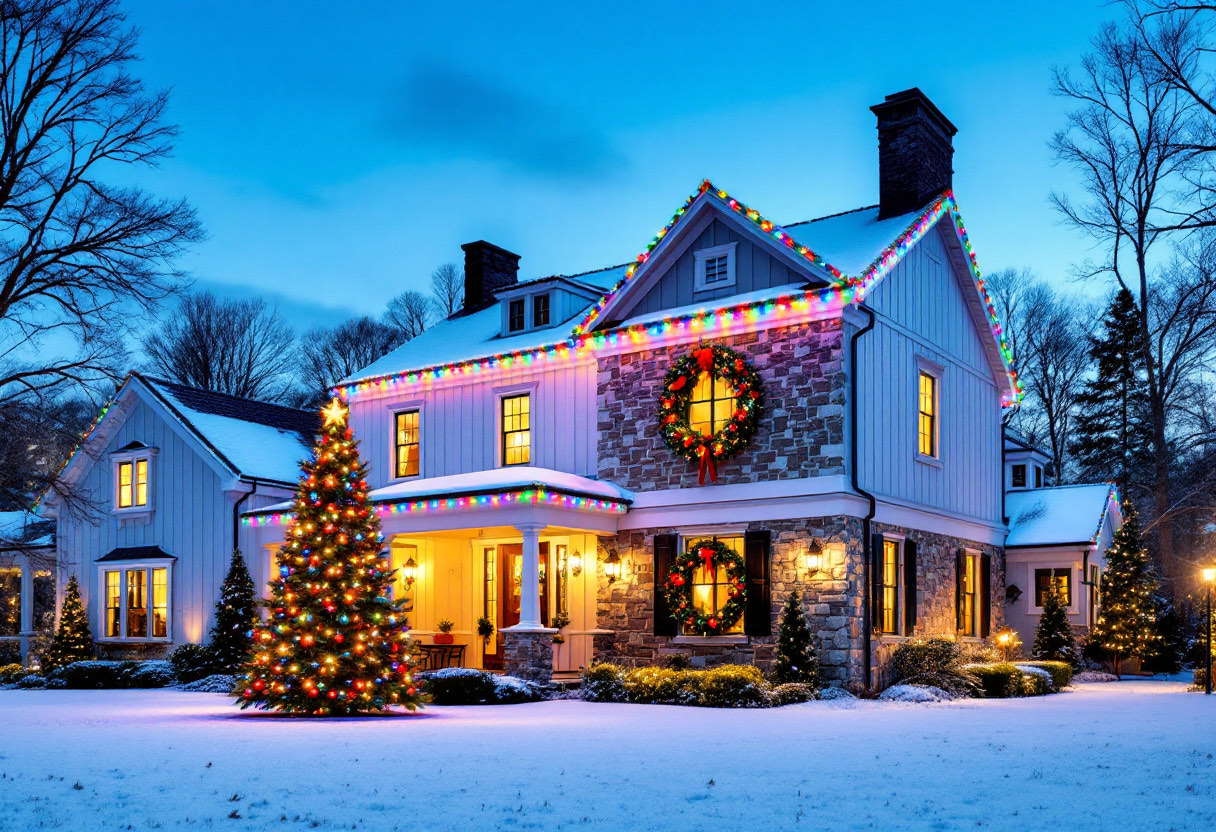 Modern white farmhouse with vibrant multicolor Christmas lights along the rooflines, fresh garland and a lit tree at dusk in metro Atlanta