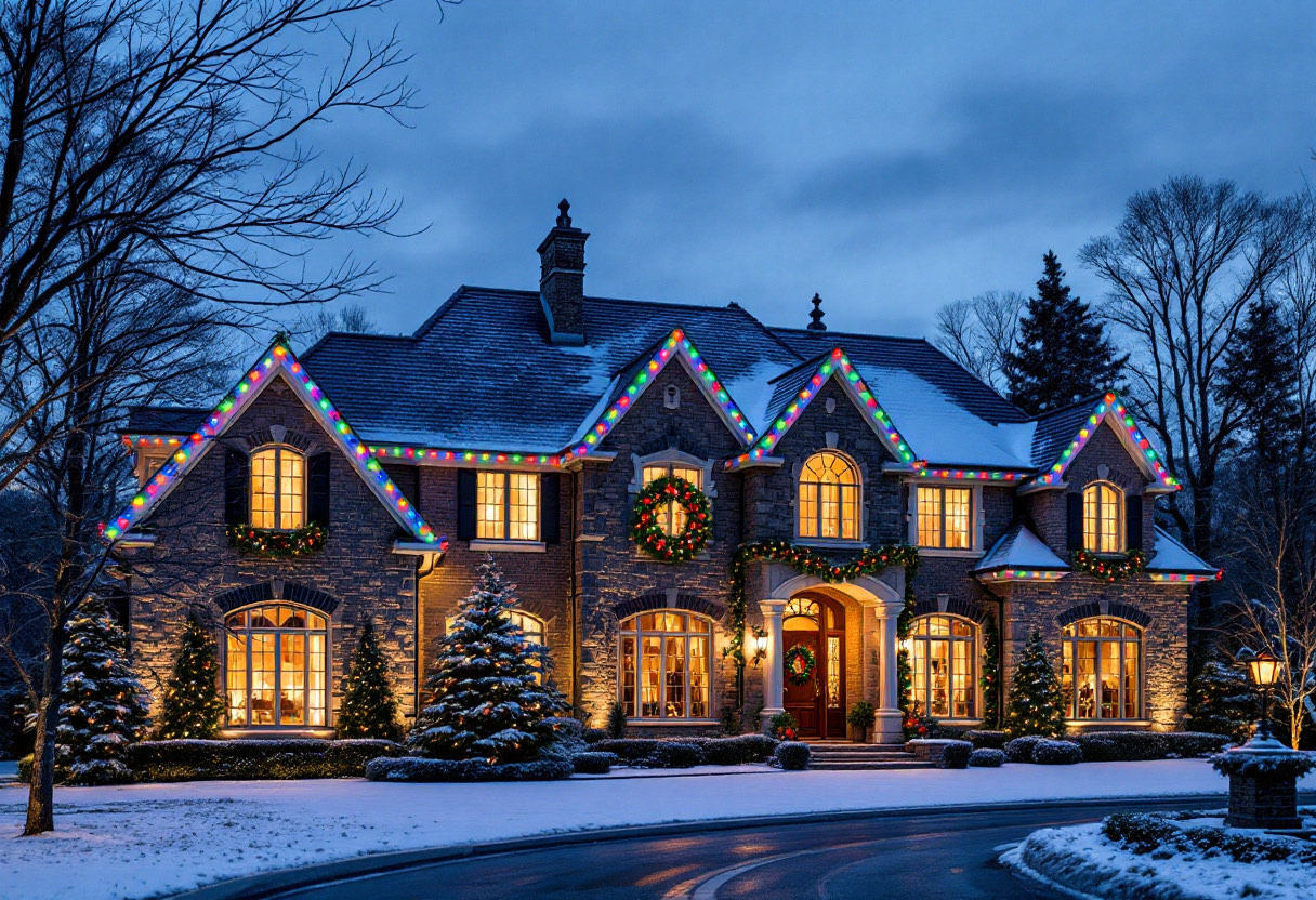 Professional vibrant multicolor Christmas lights tracing every roofline peak of a stone Georgia estate at dusk